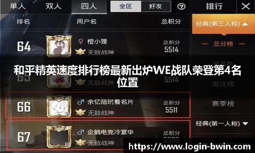 和平精英速度排行榜最新出炉WE战队荣登第4名位置